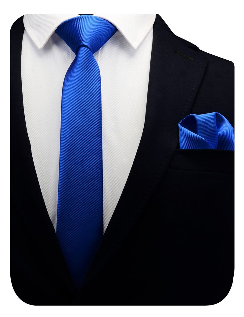 GUSLESON 2.4" Royal Blue Skinny Tie Solid Formal Slim Necktie and Handkerchief Set For Men (0754-07) - Image 1
